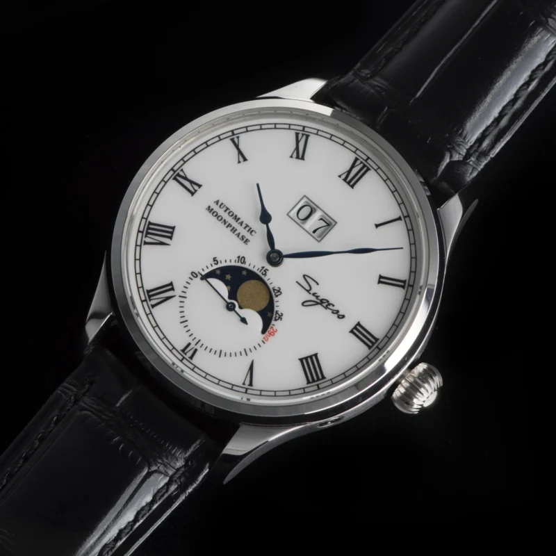 Luxury Automatic Moonphase Watch with Sapphire Crystal and Leather Strap