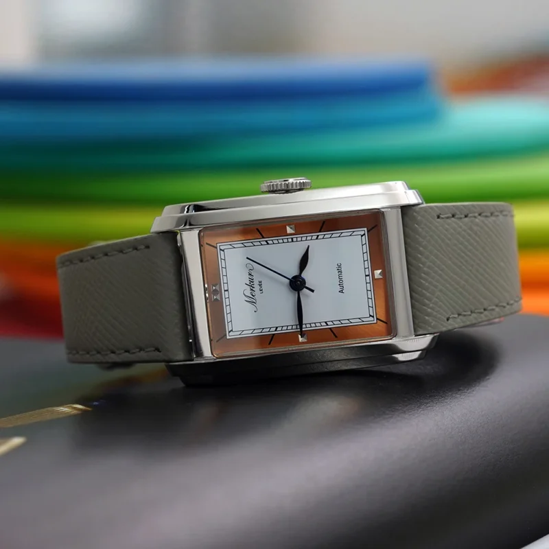 Rectangular Automatic Watch with Sapphire Crystal and Leather Strap - Image 14