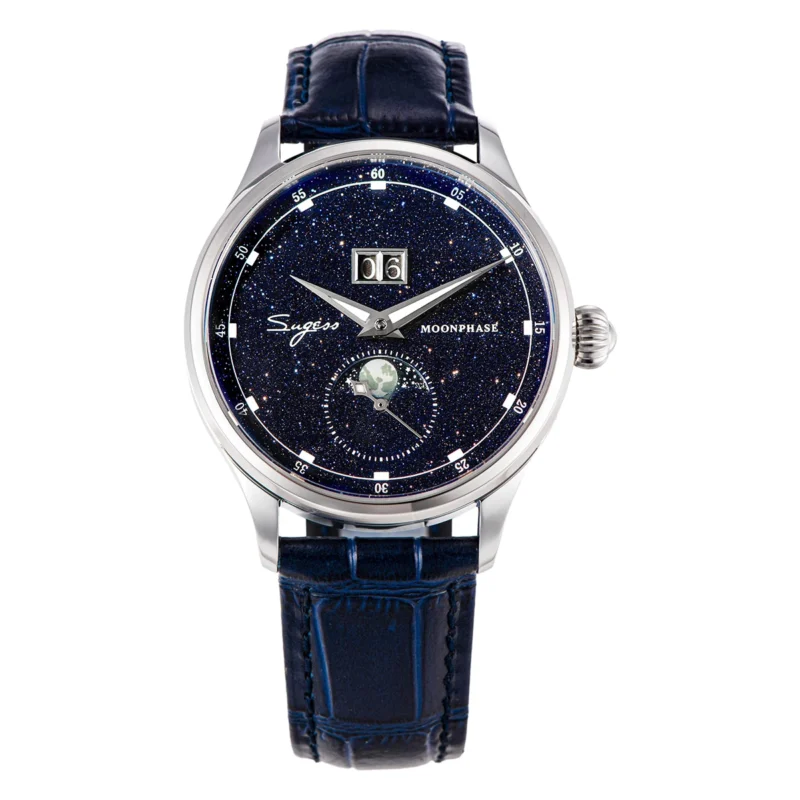 Luxury Moonphase Automatic Watch with Blue Sandstone Dial and Leather Strap - Image 7