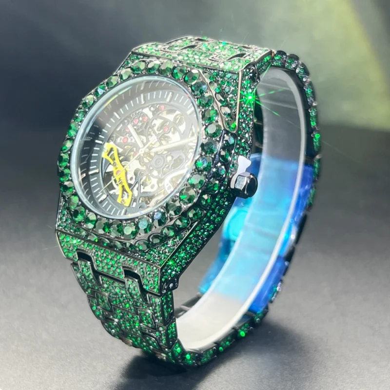 Luxury Skeleton Tourbillon Automatic Watch with Diamond Accents and Green Dial - Image 5