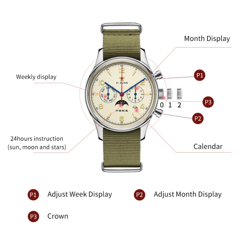 Military Pilot Automatic Watch with Calendar Week Display and Sapphire Crystal - Image 5