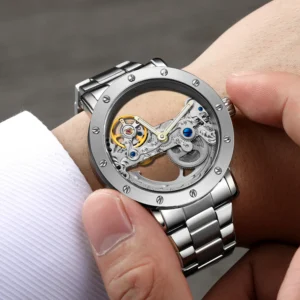 Skeleton Tourbillon Automatic Watch with Luminous Dial and Stainless Steel Bracelet