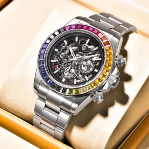 Luxury Skeleton Automatic Watch with Sapphire Crystal and Stainless Steel Bracelet