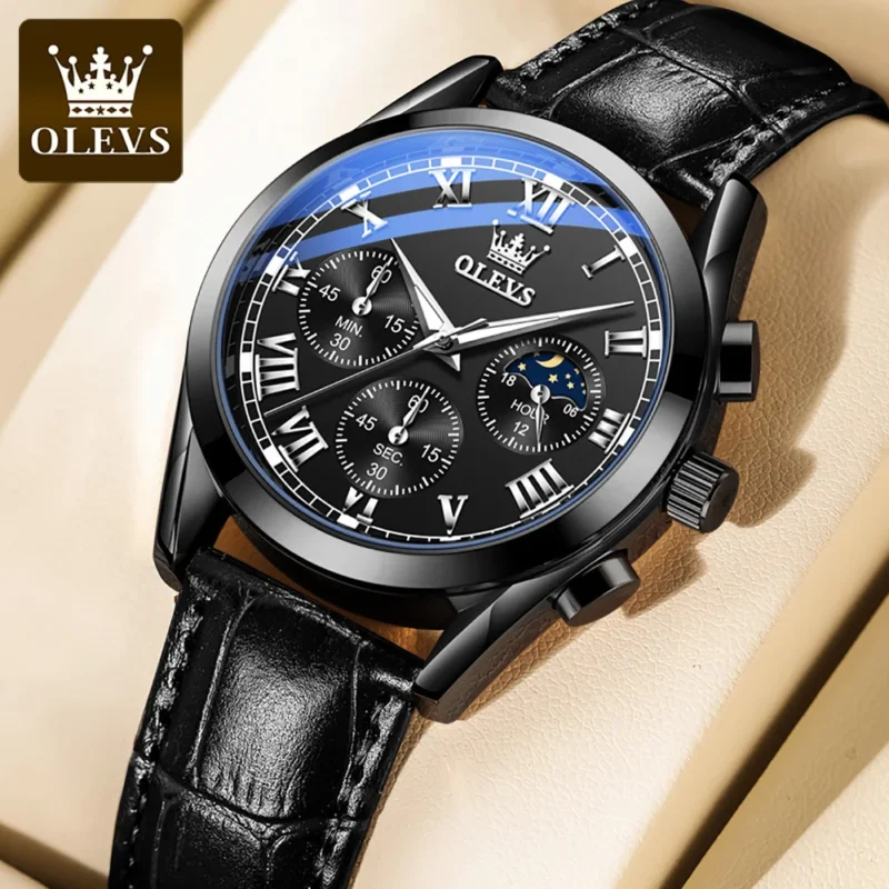 Elegant Moon Phase Quartz Watch with Leather Strap and Luminous Display - Image 10