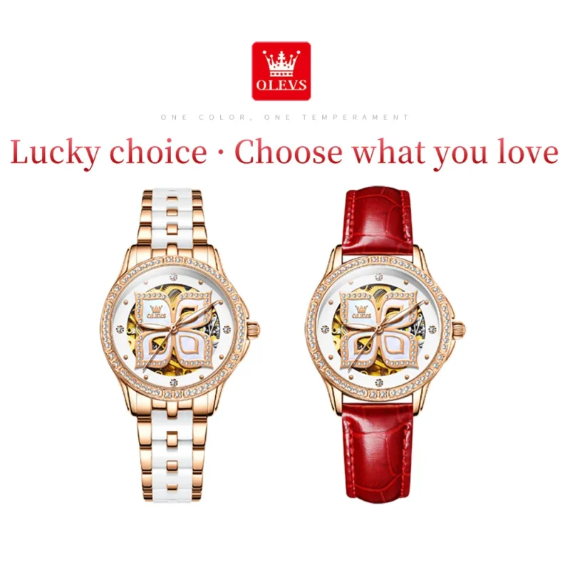 Elegant Ladies Automatic Butterfly Dial Watch with Ceramic Band and Luminous Display - Image 6