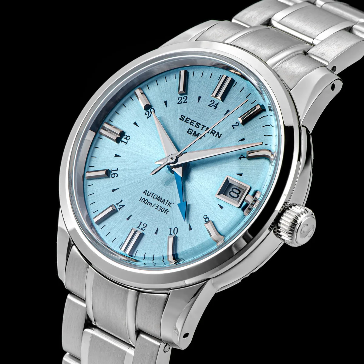 Professional GMT dive watch showing dual time zone functionality with dive specifications