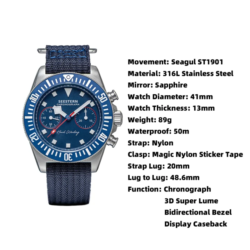 Vintage-Inspired Mechanical Chronograph Watch with Sapphire Crystal and Nylon Strap - Image 6