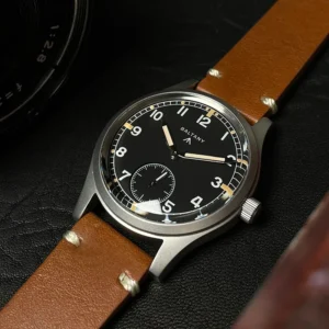 Vintage Military Field Watch with Small Seconds Dial Quartz Movement Sapphire Crystal 100M Water Resistant Leather Strap