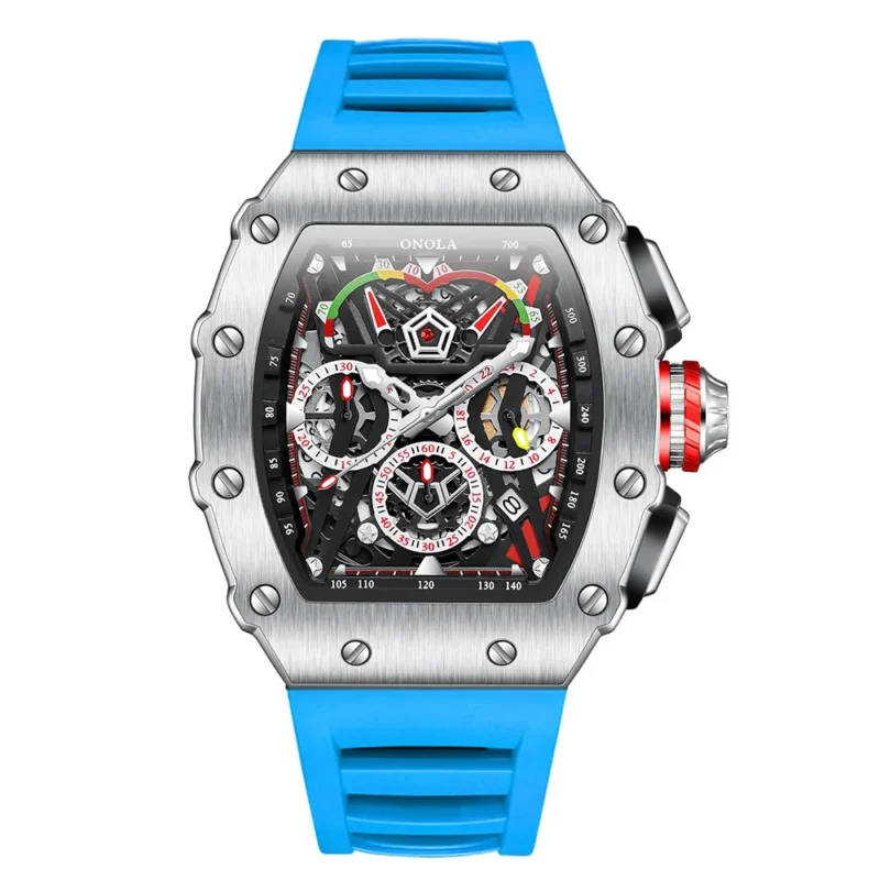 Tonneau Chronograph Sport Quartz Watch with Stainless Steel Case and Rubber Strap - Image 7