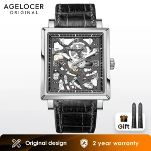 Luxury Skeleton Manual Wind Watch with Square Stainless Steel Case and Leather Strap
