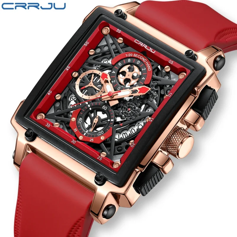 Square Chronograph Quartz Watch with Hollow Design and Silicone Strap - Image 3