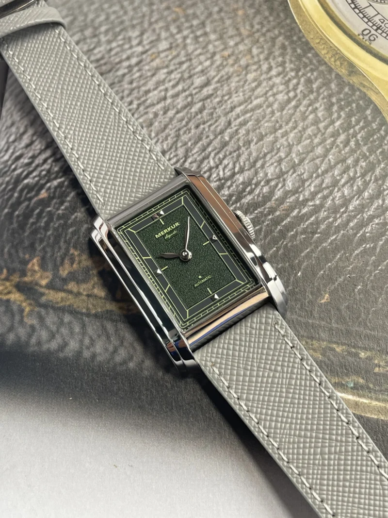 Rectangular Automatic Watch with Sapphire Crystal and Leather Strap - Image 10