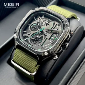 Square Chronograph Quartz Watch with Stainless Steel Bracelet and Luminous Hands