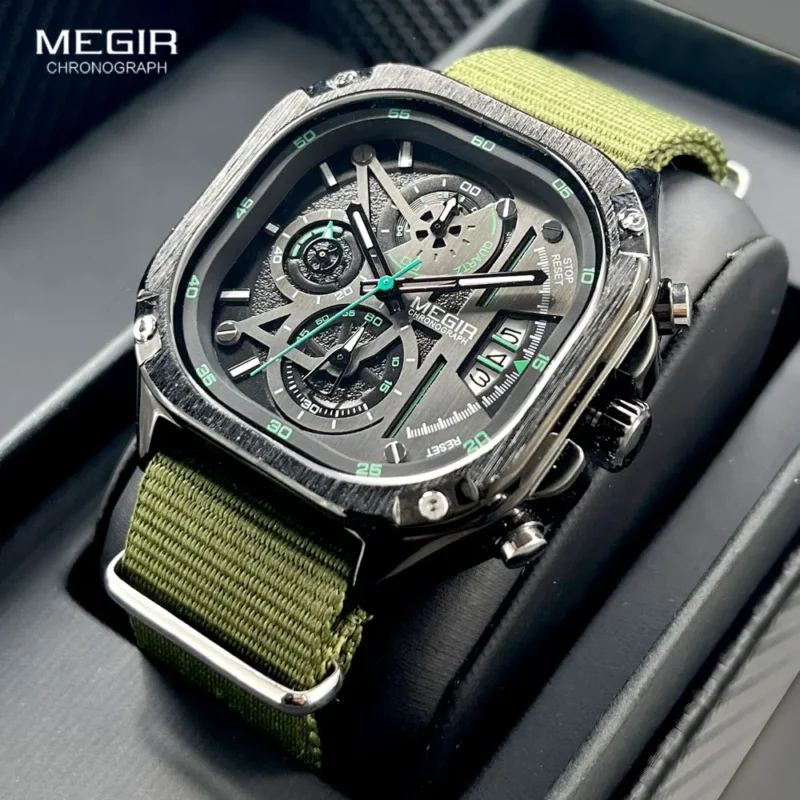 Square Chronograph Quartz Watch with Stainless Steel Bracelet and Luminous Hands