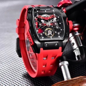 Skeleton Automatic Watch with Tonneau Case Sapphire Crystal and Silicone Strap