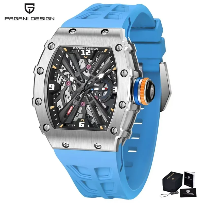 Skeleton Dial Rectangle Quartz Watch with Sapphire Crystal and Rubber Strap - Image 10