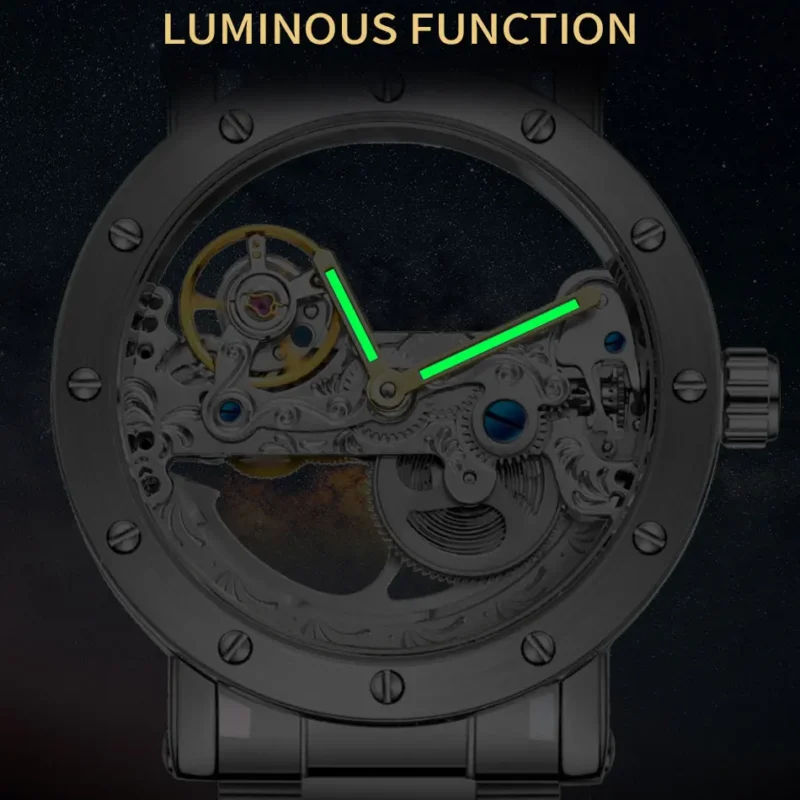 Skeleton Tourbillon Automatic Watch with Luminous Dial and Stainless Steel Bracelet - Image 5