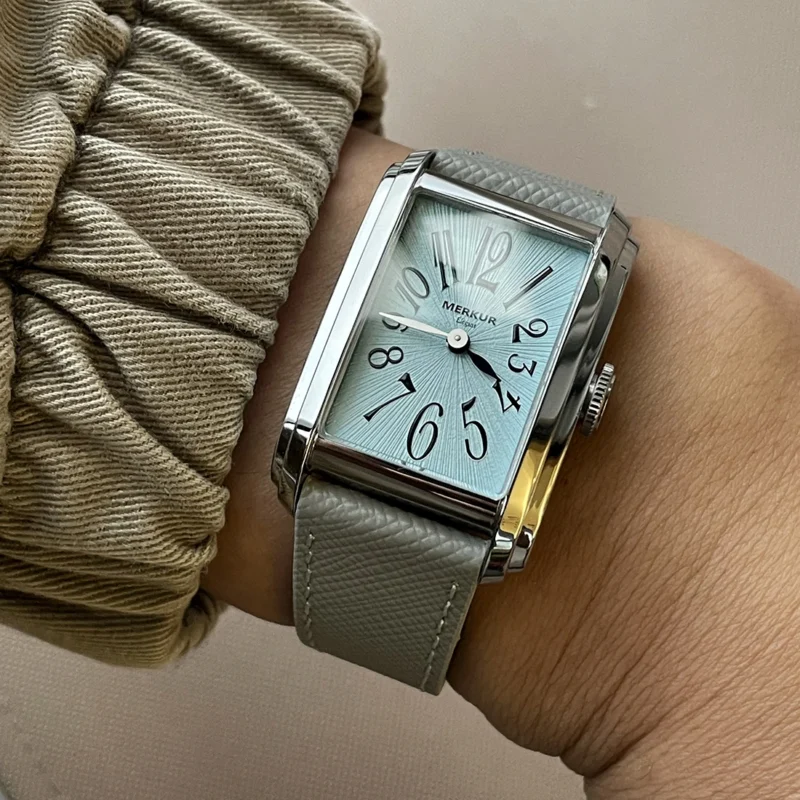 Rectangular Automatic Watch with Sapphire Crystal and Leather Strap - Image 6