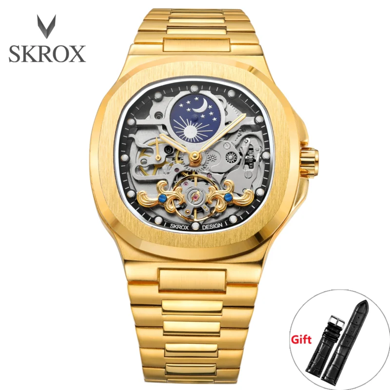 Square Skeleton Automatic Moon Phase Watch with Sapphire Crystal and Stainless Steel Bracelet - Image 12