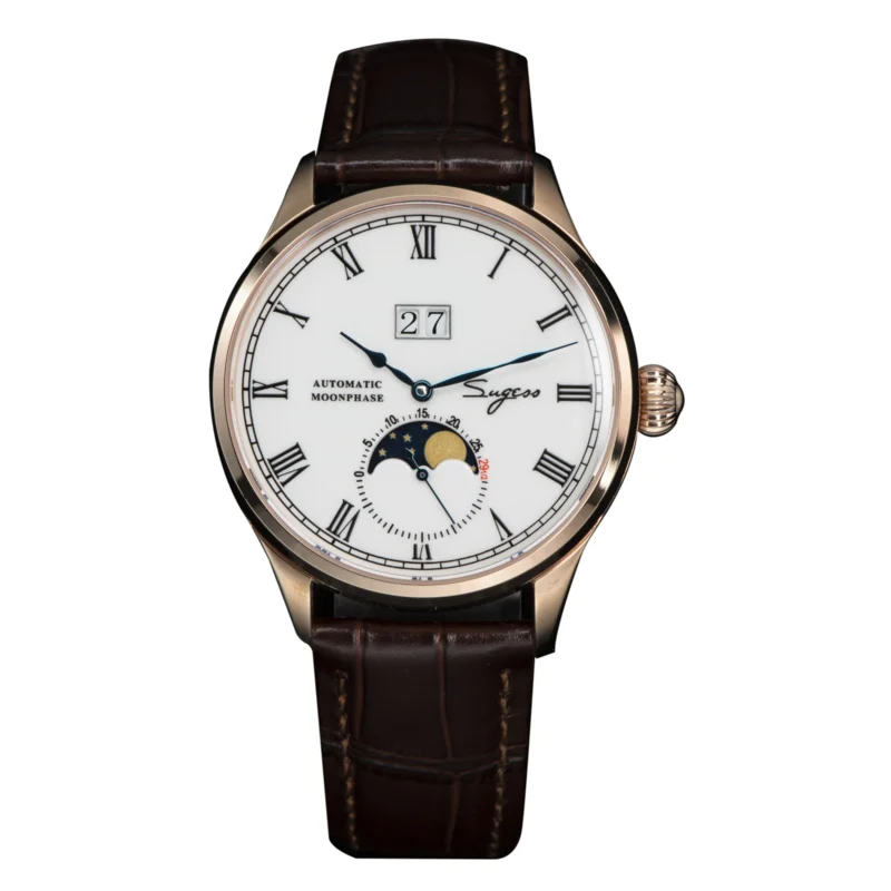 Luxury Automatic Moonphase Watch with Sapphire Crystal and Leather Strap - Image 9