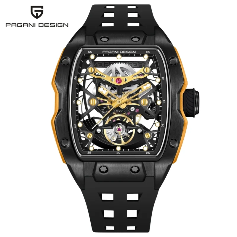 Skeleton Automatic Watch with Tonneau Case Sapphire Crystal and Silicone Strap - Image 10
