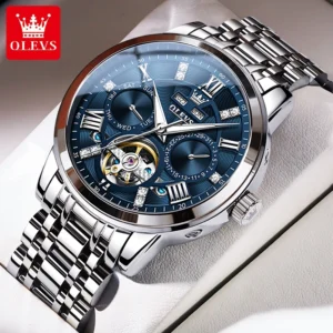 Skeleton Automatic Watch with Dual Calendar Display Luminous Dial Stainless Steel Self-Wind Timepiece
