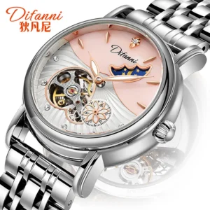 Luxury Moon Phase Automatic Ladies Watch with Diamond Accents and Stainless Steel Bracelet