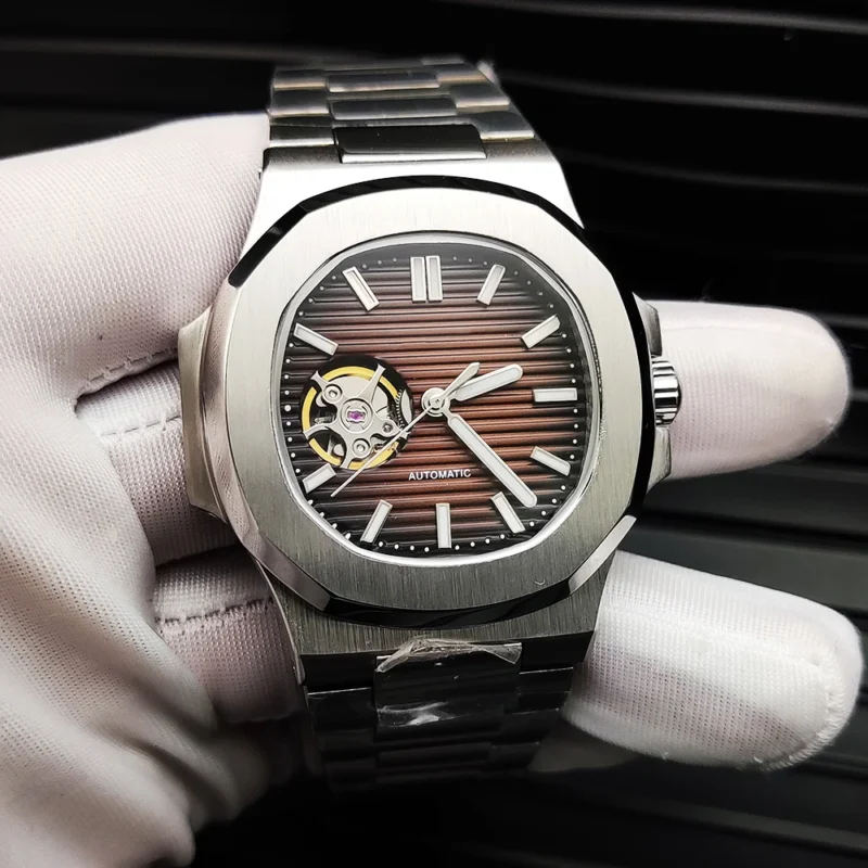 Luxury Square Automatic Watch with Sapphire Crystal and Luminous Coffee Dial - Image 5