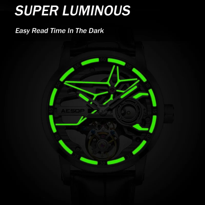 Luxury Flying Tourbillon Skeleton Mechanical Watch with Sapphire Crystal and Leather Strap - Image 5