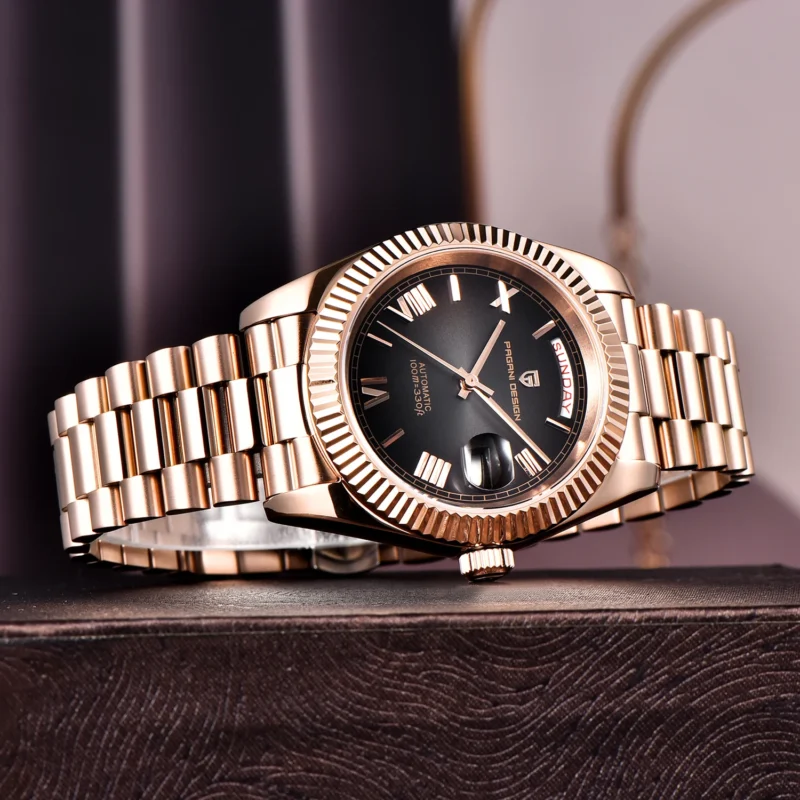 Luxury Automatic Rose Gold Watch with Sapphire Crystal and Complete Calendar Stainless Steel Bracelet - Image 3