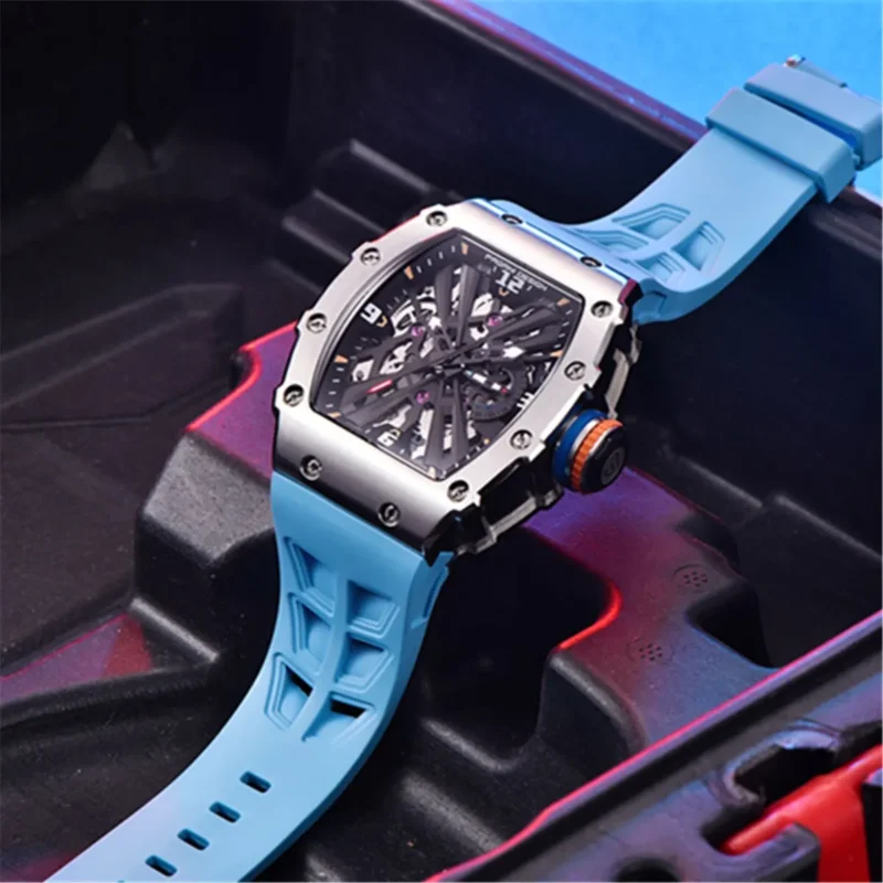 Skeleton Dial Rectangle Quartz Watch with Sapphire Crystal and Rubber Strap - Image 3