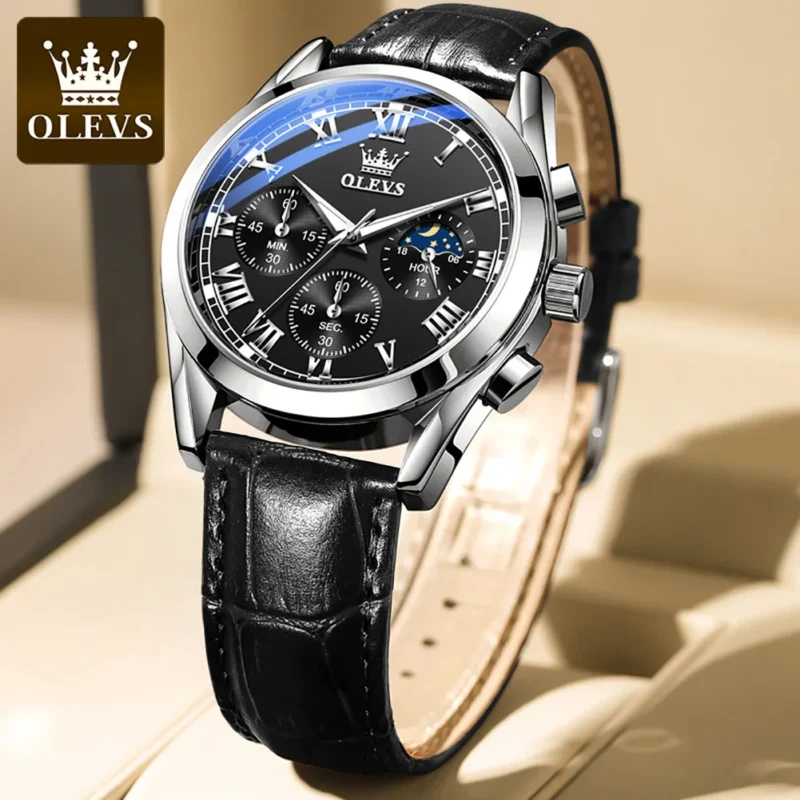 Elegant Moon Phase Quartz Watch with Leather Strap and Luminous Display - Image 2
