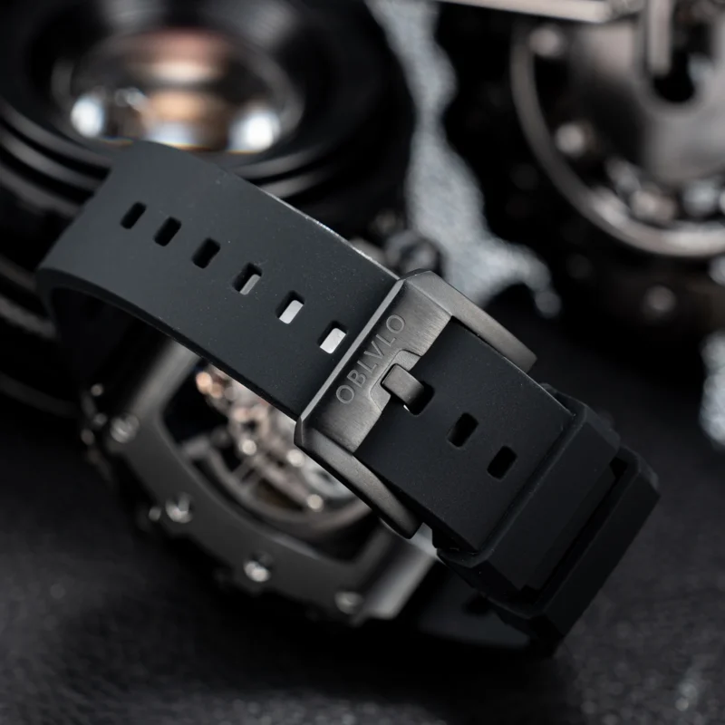 Skeleton Tonneau Automatic Watch with Black PVD Case and Rubber Strap - Image 6