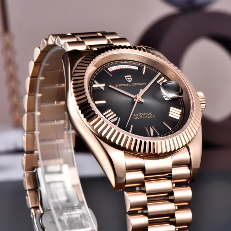Luxury Automatic Rose Gold Watch with Sapphire Crystal and Complete Calendar Stainless Steel Bracelet - Image 4
