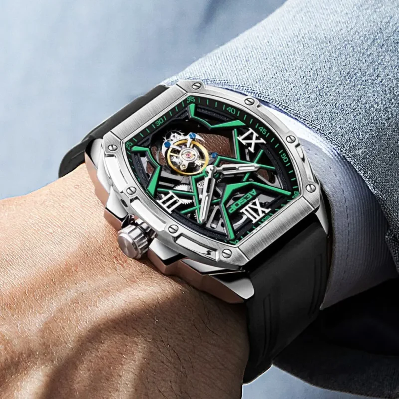 Luxury Skeleton Tourbillon Manual Wind Watch with Sapphire Crystal and Rubber Strap - Image 5