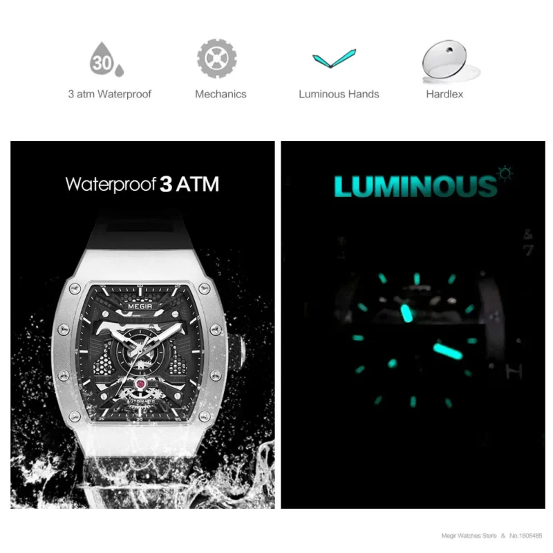 Skeleton Automatic Mechanical Watch with Luminous Dial and Silicone Strap - Image 5