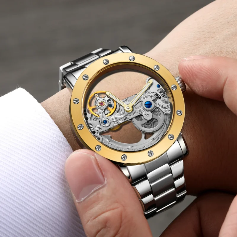 Skeleton Tourbillon Automatic Watch with Luminous Dial and Stainless Steel Bracelet - Image 3