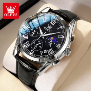 Elegant Moon Phase Quartz Watch with Leather Strap and Luminous Display