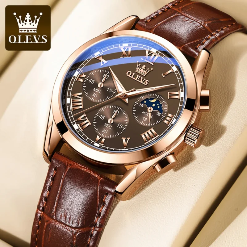Elegant Moon Phase Quartz Watch with Leather Strap and Luminous Display - Image 8