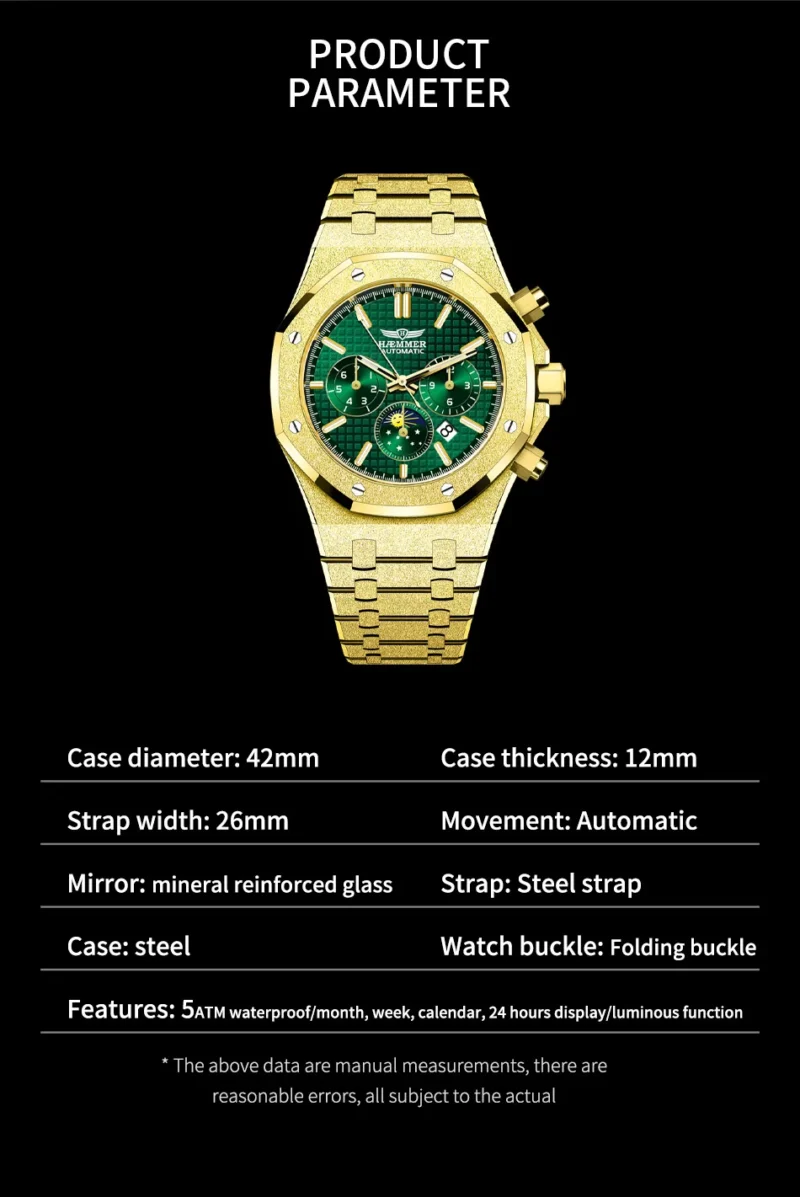 HAEMMER Luxury Automatic Men's Watch with Green Dial and Stainless Steel Bracelet - Image 5