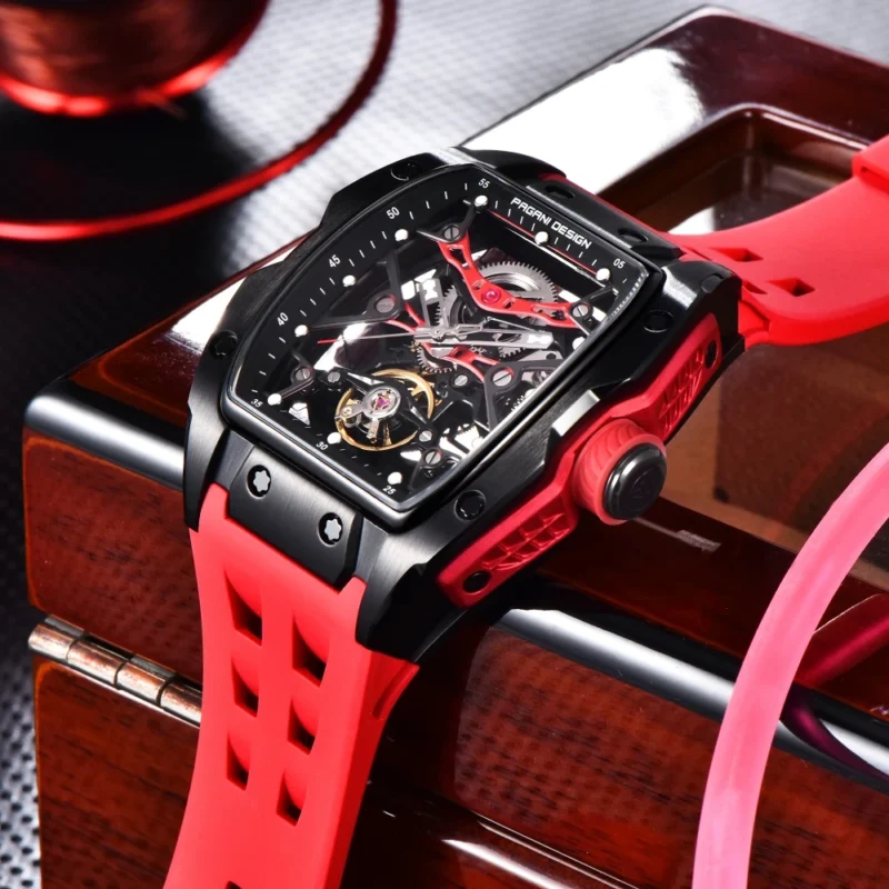 Skeleton Automatic Watch with Tonneau Case Sapphire Crystal and Silicone Strap - Image 3