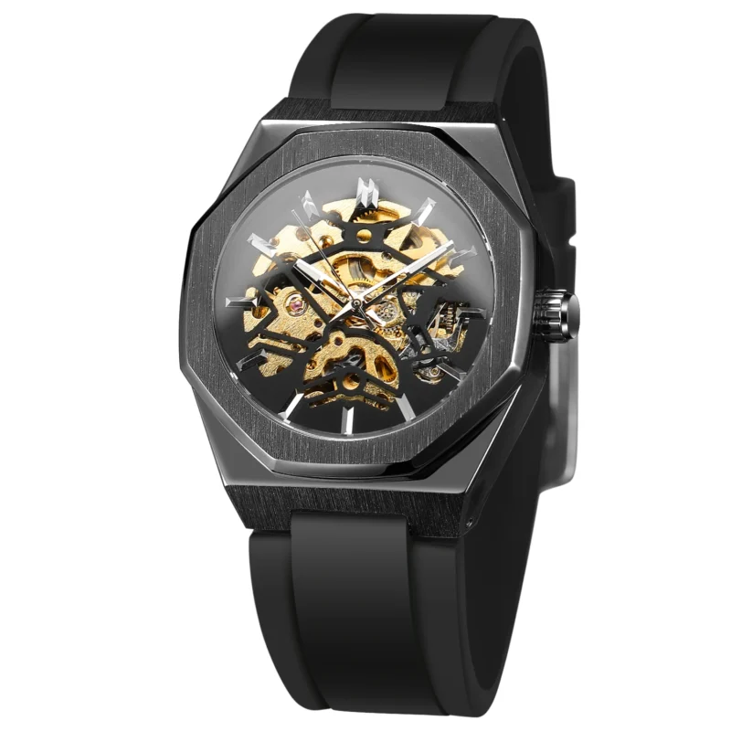 Octagon Skeleton Automatic Watch with Stainless Steel Case and Rubber Strap - Image 7