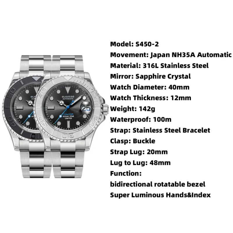 Professional Automatic Dive Watch with Ceramic Bezel and Sapphire Crystal NH35A Movement Watch with Stainless Steel Bracelet - Image 6