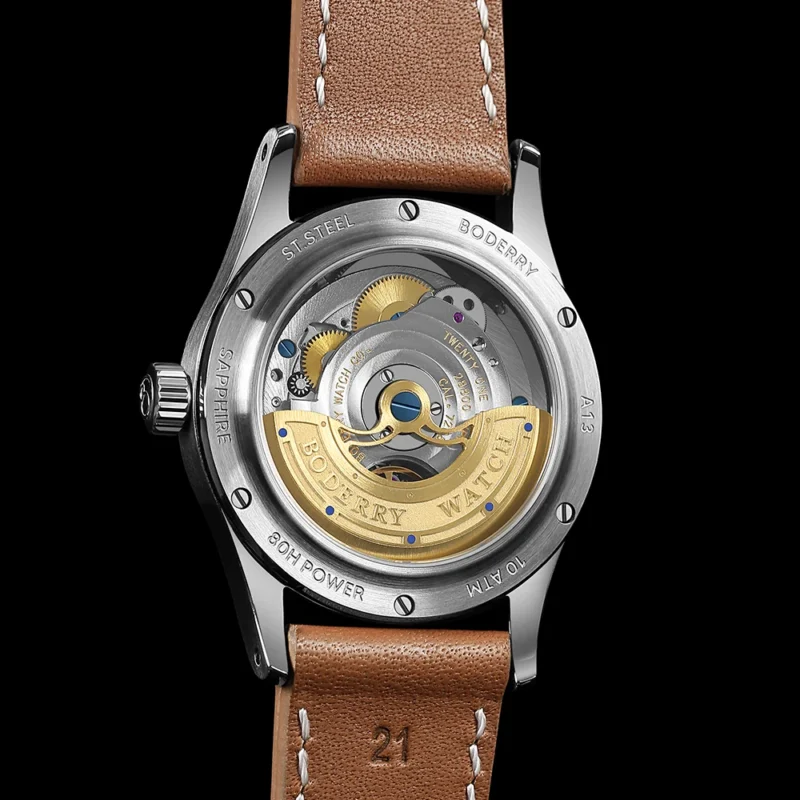 Vintage Automatic Watch with 100M Water Resistance and Sapphire Crystal, Stainless Steel Case with Leather Strap - Image 4