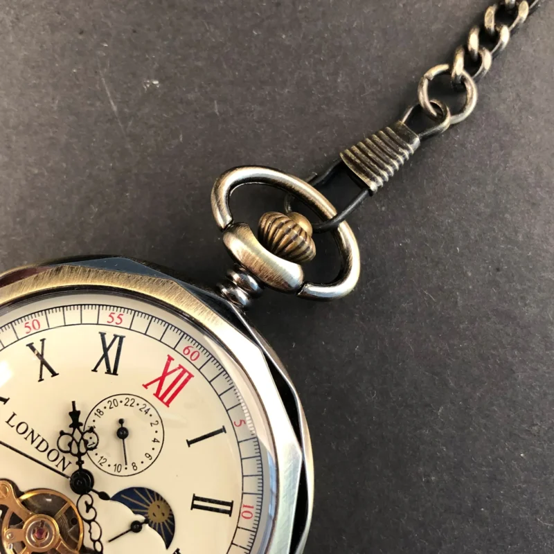 Vintage Mechanical Pocket Watch with Moon Phase and Roman Numerals Hand-Wound Steel Watch with Chain - Image 5