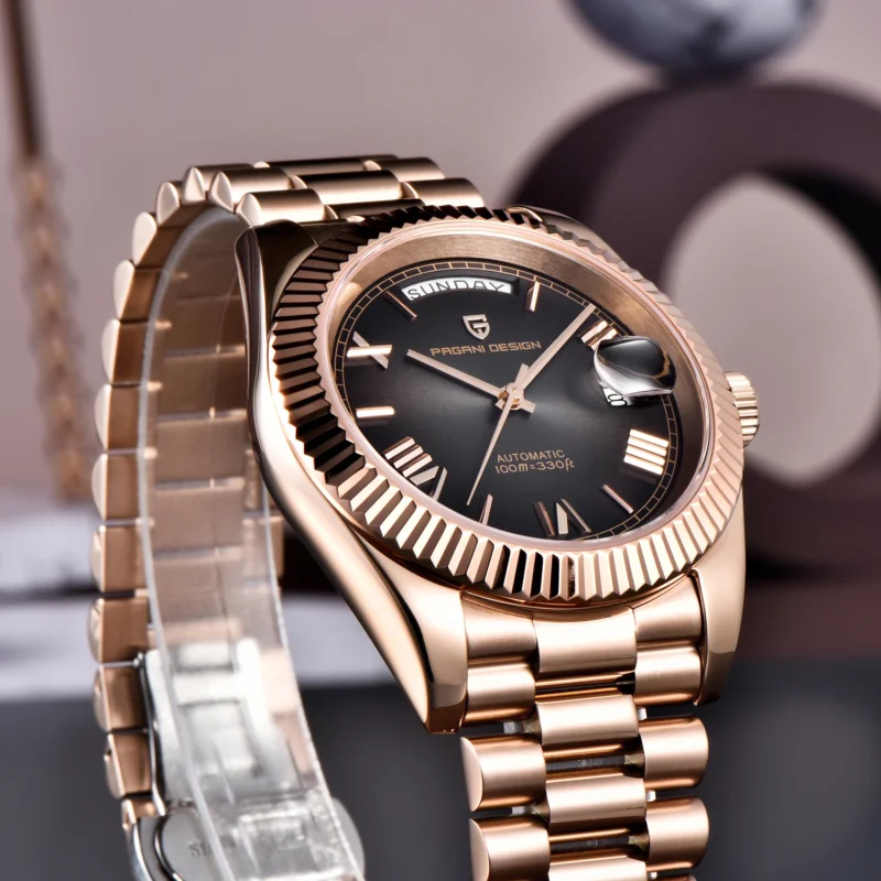 Luxury Automatic Rose Gold Watch with Sapphire Crystal and Complete Calendar Steel Bracelet - Image 4