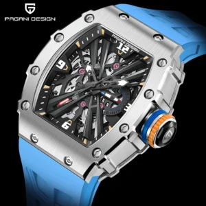 Skeleton Dial Rectangle Quartz Watch with Sapphire Crystal and Rubber Strap