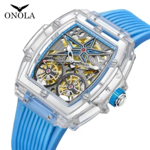 Skeleton Automatic Watch with Transparent Case and Mechanical Movement Waterproof Timepiece with Plastic Bracelet
