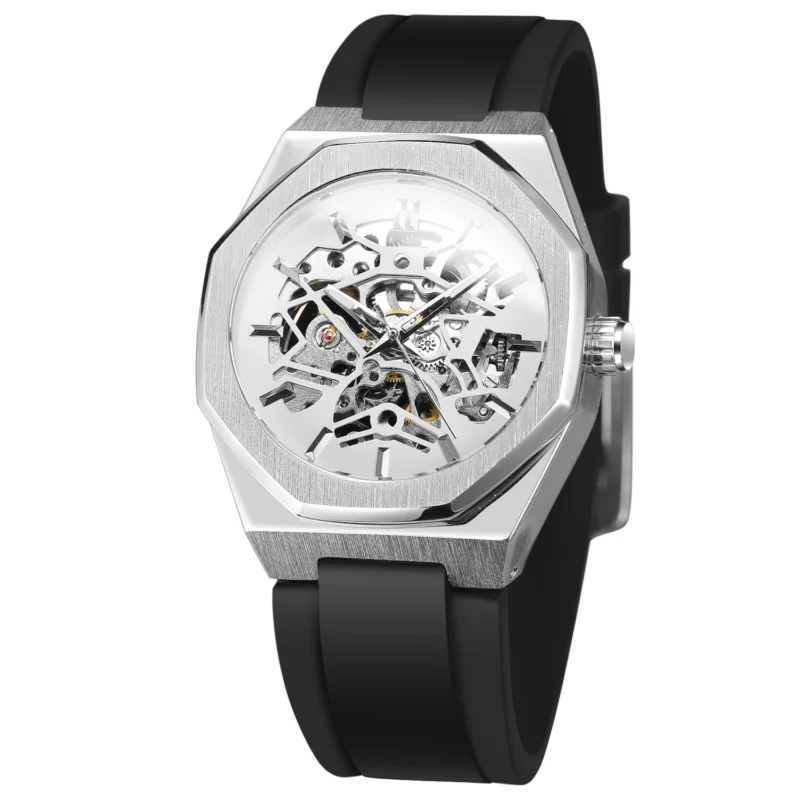 Octagon Skeleton Automatic Watch with Stainless Steel Case and Rubber Strap - Image 10