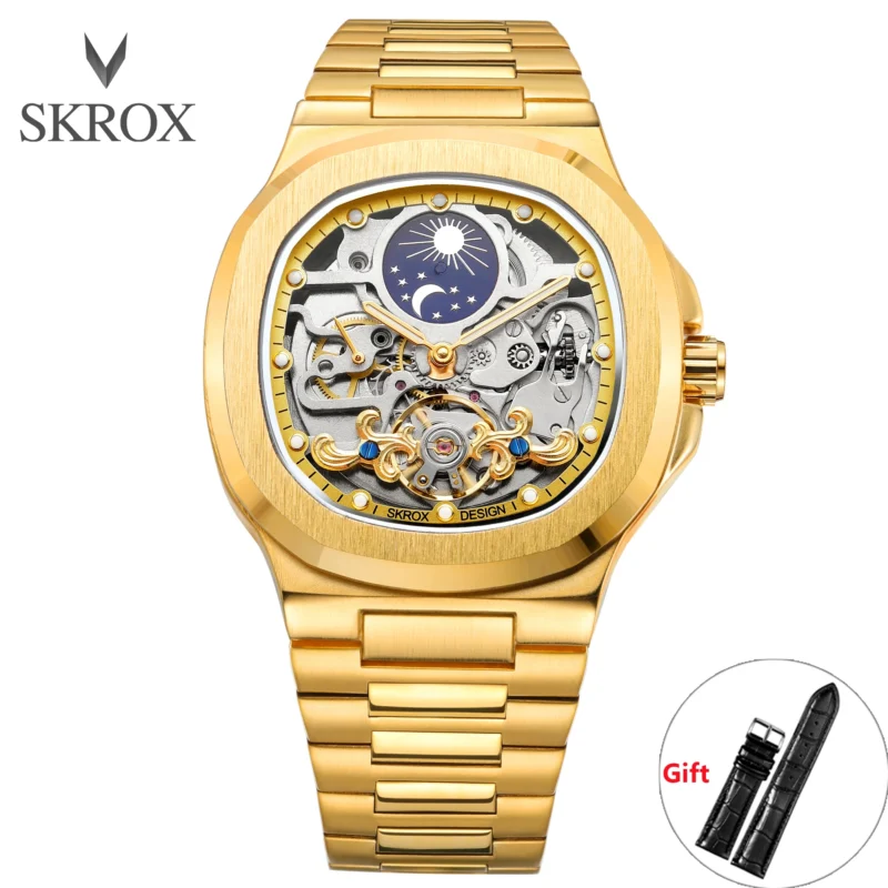 Square Skeleton Automatic Moon Phase Watch with Sapphire Crystal and Stainless Steel Bracelet - Image 13